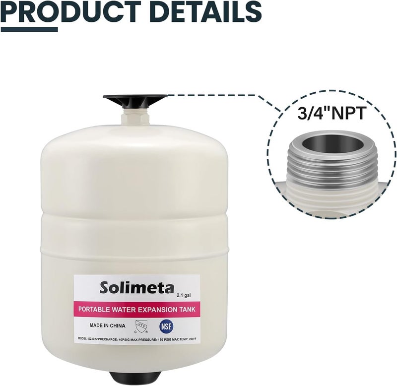 Solimeta 2.1 Gallon Potable Water Expansion Tank with Adjustable Wall Bracket & Gas Water Heater Installation Kit (24" Stainless Steel Hoses 3/4" FIP + 24" Gas Connector) - Image 2